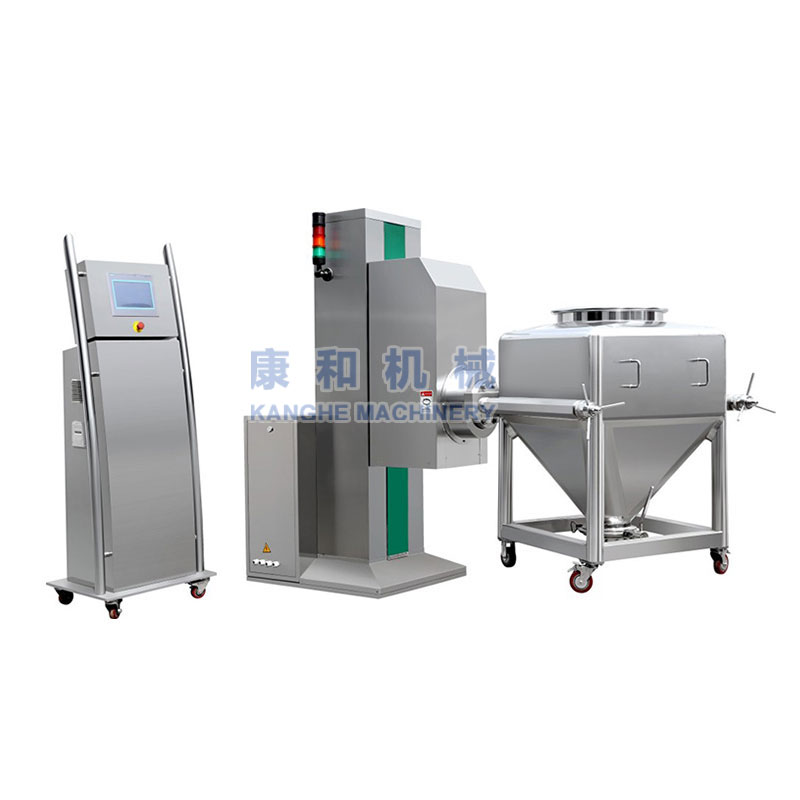 該機具有自動提升、混合、下降等功能。配一臺料斗混合機及多個不同規格的混合料斗，就能滿足多品種不同批量的混合要求，是藥廠總混的理想設備。同時在制藥、化工、食品等行業廣泛使用。該機由立柱、機座、回轉叉架、驅動、制動、控制系統等部件組成。將混合料斗推入回轉叉架并…